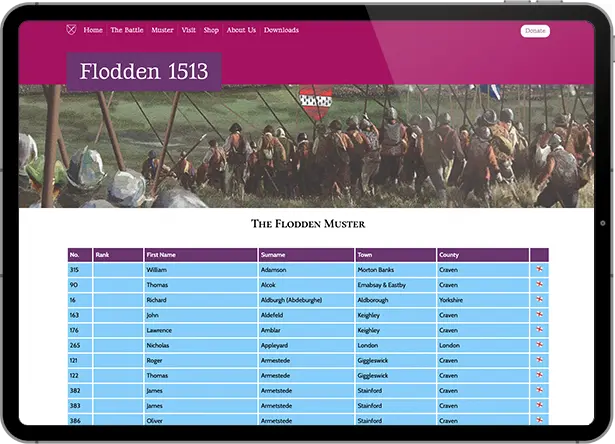 Screenshot of website designed for Remembering Flodden by Jim Nuttall Design in Wooler, Northumberland