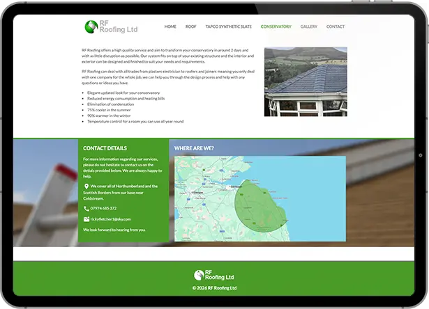 Screenshot of the RF Roofing website created by Jim Nuttall Design near Berwick upon Tweed