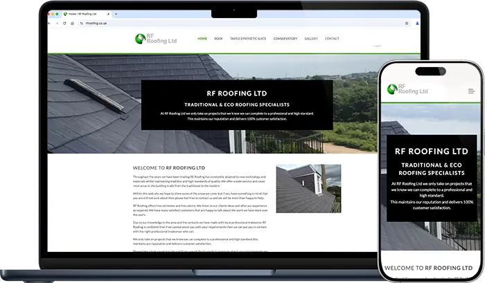 A picture of the RF Roofing website shown on a laptop and a mobile phone